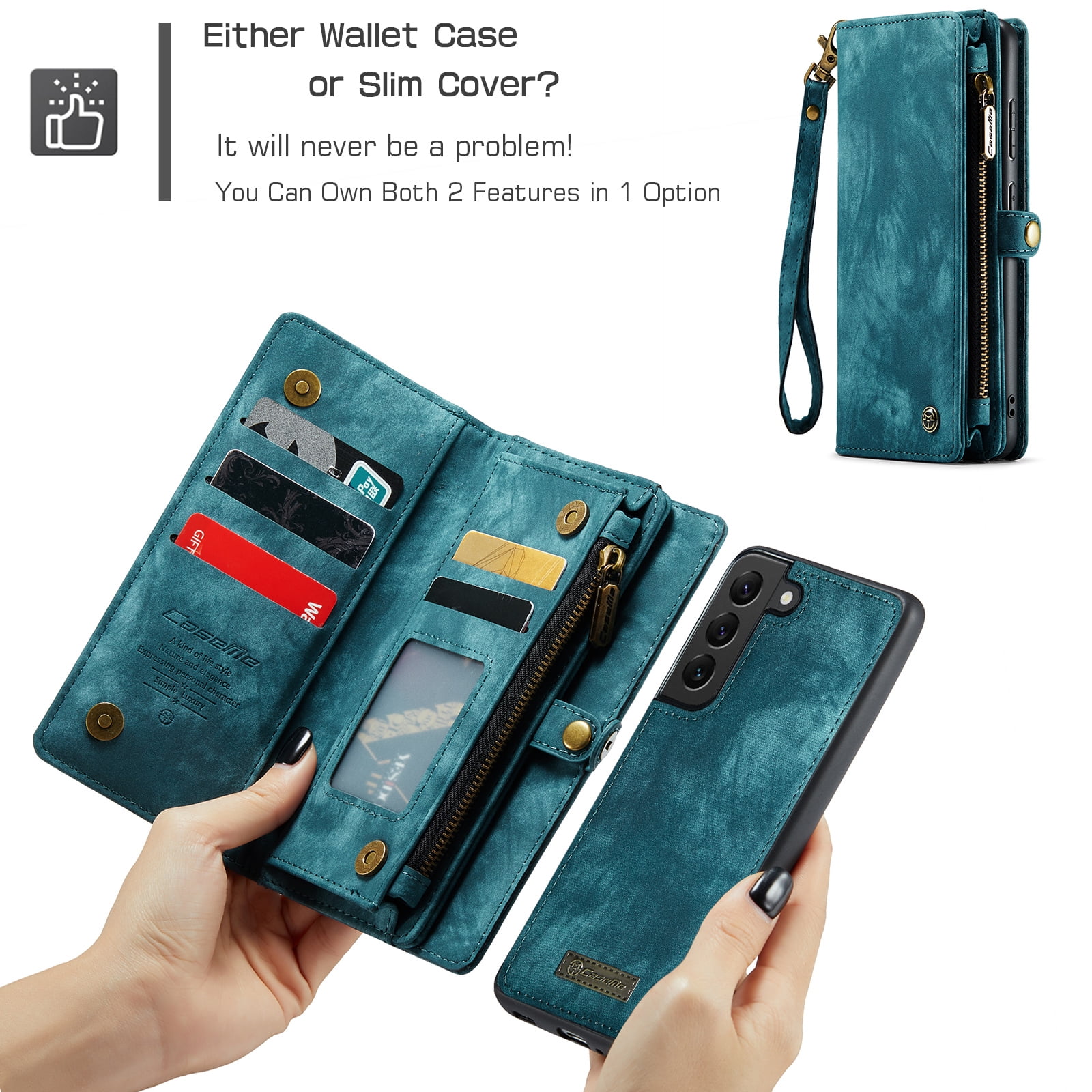 Feishell Durable 2-In-1 Magnetic Detachable Wallet Case for Samsung Galaxy S22 Plus,for Women Men,Premium PU Leather Zipper Pocket Flip Multi Card Slots Purse Phone Case with Wrist Strap,Green