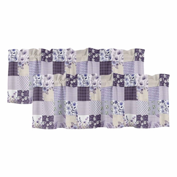 2 Pack Valances for Window, Spring Floral Short Curtains for Kitchen Bedroom Living Room, Dark Purple Flowers Patchwork Grid Bohemia Rod Pocket Small Window Treatment Valance Drapes 54 x 18 Inch