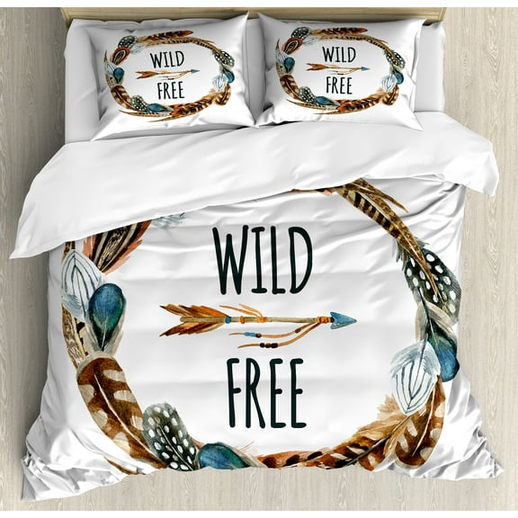 Feather Duvet Cover Set, Watercolor Wreath Bird Feathers Circle with an Arrow Wild and Free Concept, Decorative 3 Piece Bedding Set with 2 Pillow Shams, Calking Size, Brown Orange Blue, by Ambesonne