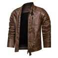 thumbnail image 3 of IYTR Men's Leather Jackets Solid Color Zipper Stand-up Collar Long Sleeve Jacket Casual Baseball Uniform Leather Jacket with Pocket Coffee L, 3 of 4