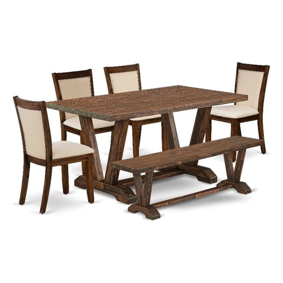 East West Furniture 6-Piece Dining Set in Distressed Jacobean/Light Beige
