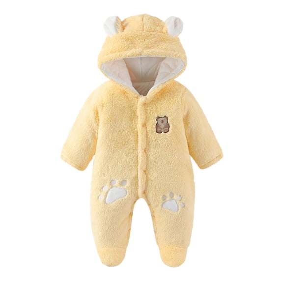 Fleece Jumpsuits For Toddler Bear Ears Hooded Button Down Long Sleeve Romper Cute Print Thermal Comfy Oneise 3-24M (1 Years, Yellow)