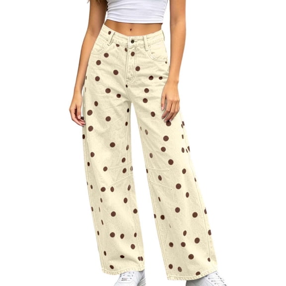 PBFRDSJ Women's Y2k Polka Dot Barrel Jeans Low Rise Wide Leg Denim Pants Vintage Ruched Boyfriend Jeans with Pockets Sizes S-XL
