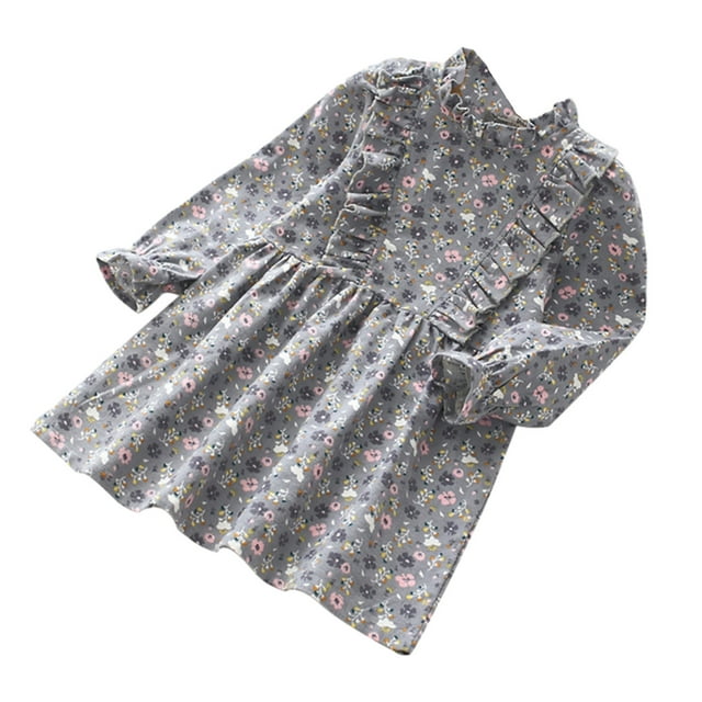 Besolor Toddler Girls Long Sleeve Dress Floral Printed Ruffle Round Neck A-Line Flowy Fall Spring Dress 3-7 Years