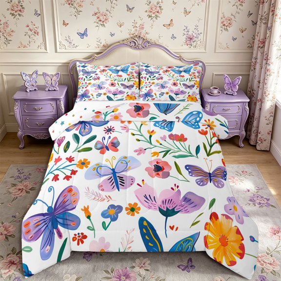 Manfei Floral Butterfly Full Size Comforter Sets 3-Piece,Romantic Flowers Bedding Comforter Set,1 Comforter and 2 Pillowcases,Reversible