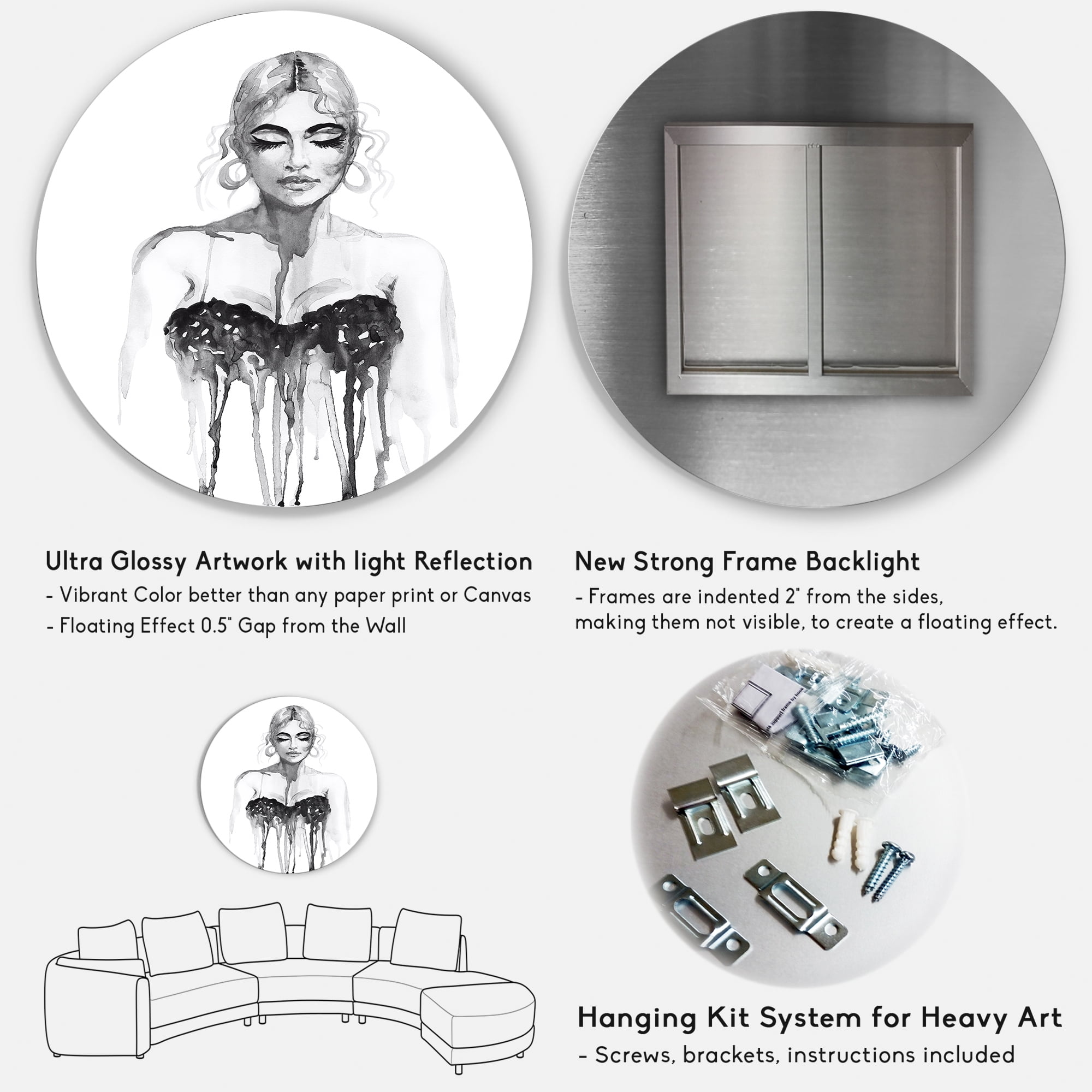Designart 'Black and White Portrait of Woman Wearing Evening Dress' Modern Circle Metal Wall Art 36x36 - Disc of 36