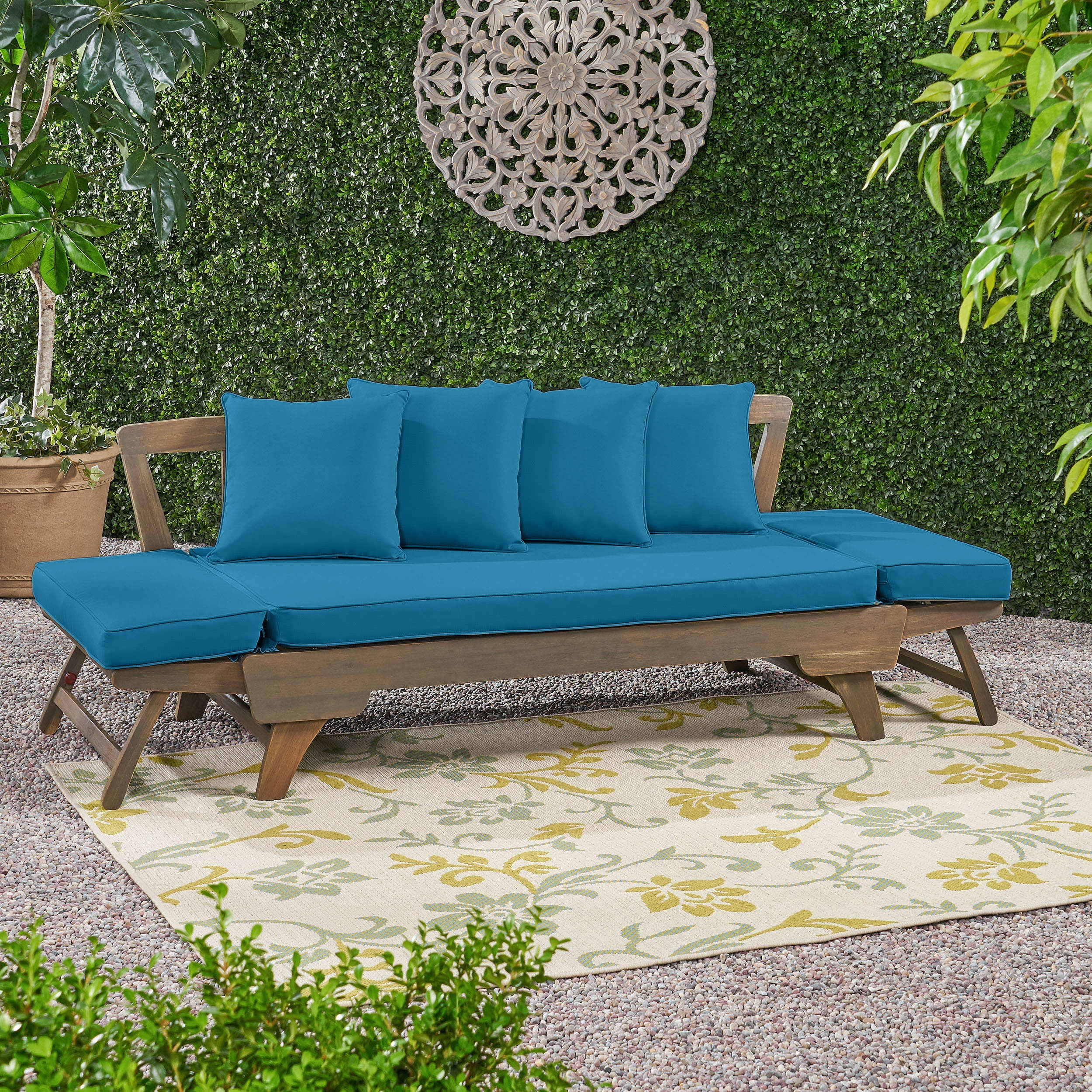 Noble House Ottavio Acacia Wood Expandable Daybed in Dark Teal