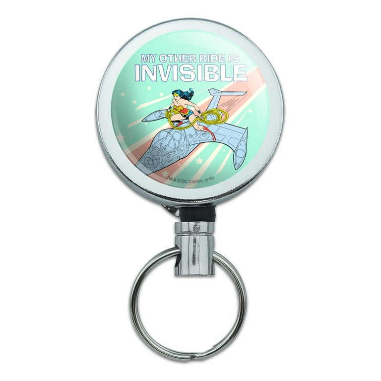 Wonder Woman My Other Ride is Invisible Heavy Duty Metal Retractable Reel  ID Badge Key Card Tag Holder with Belt Clip 