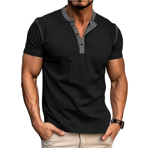 Collarless Henley Shirts Mens Classic Button Cotton Short Sleeve T-Shirt Summer Casual Basic Solid Lightweight Tees Tops Black M