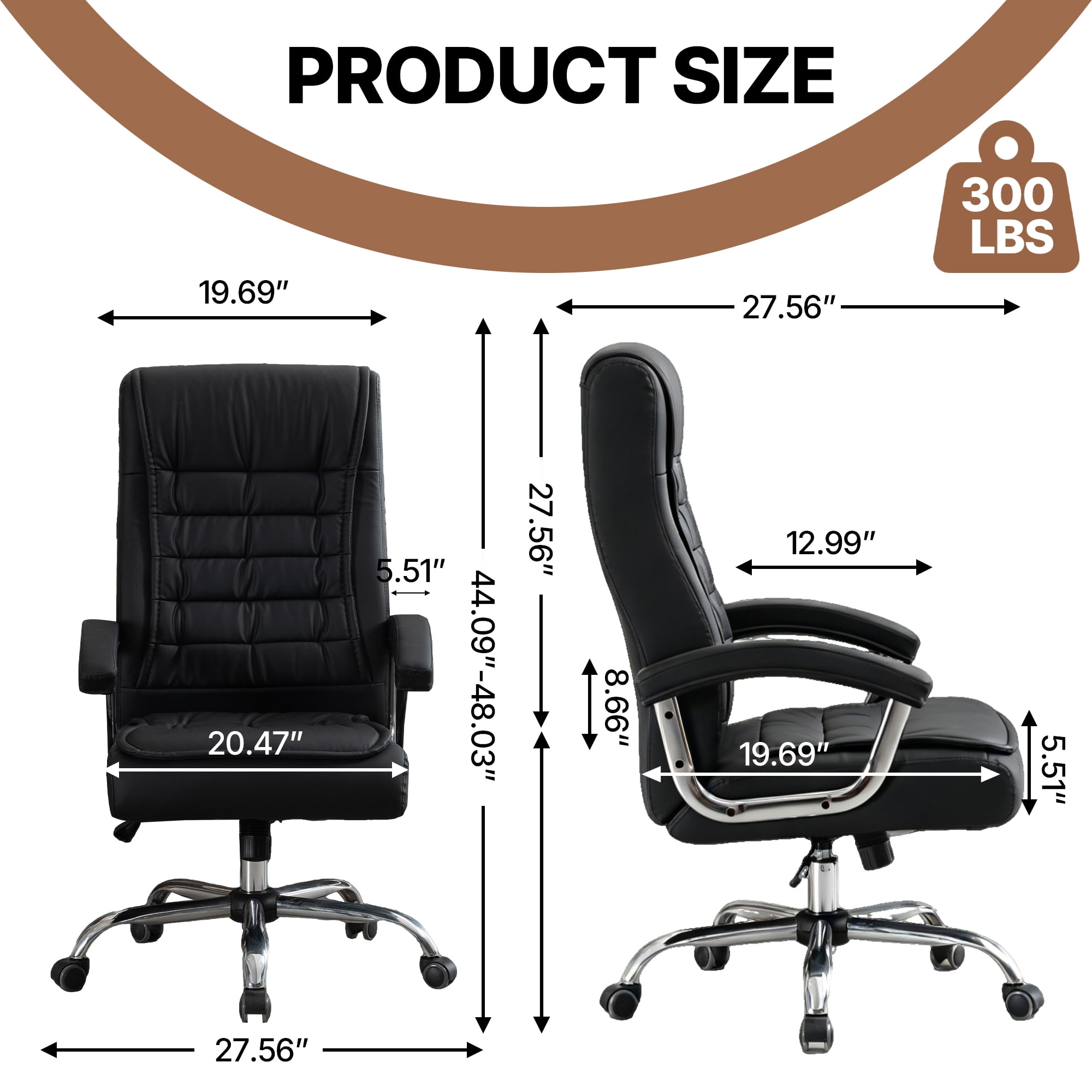 Ergonomic High Back Office Chair, Adjustable PU Leather Executive Swivel Desk Chair with Spring Padded Seat & Armrest, 350 LBS Capacity Computer Chair for Home Office，Black