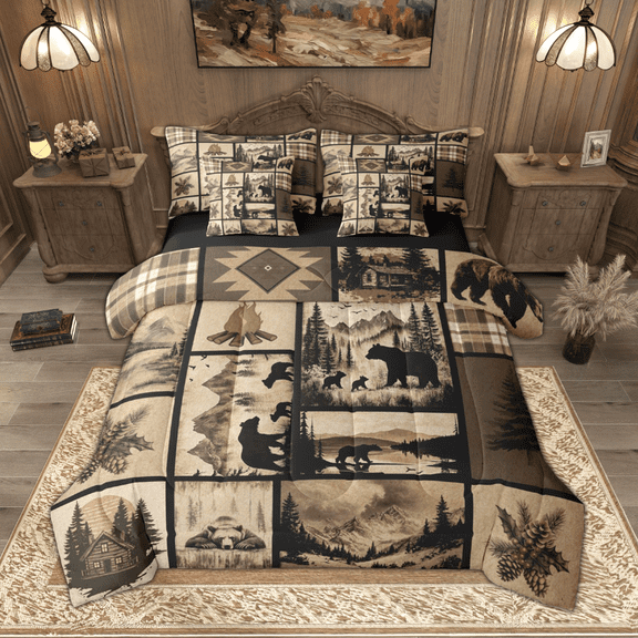 Manfei Hunting Bear Animal Bedding Comforter Set 7pcs, Rustic Farmhouse Full Bedding Set, Brown Plaid Fitted Sheet Flat Sheet, Luxury Bedroom Decor