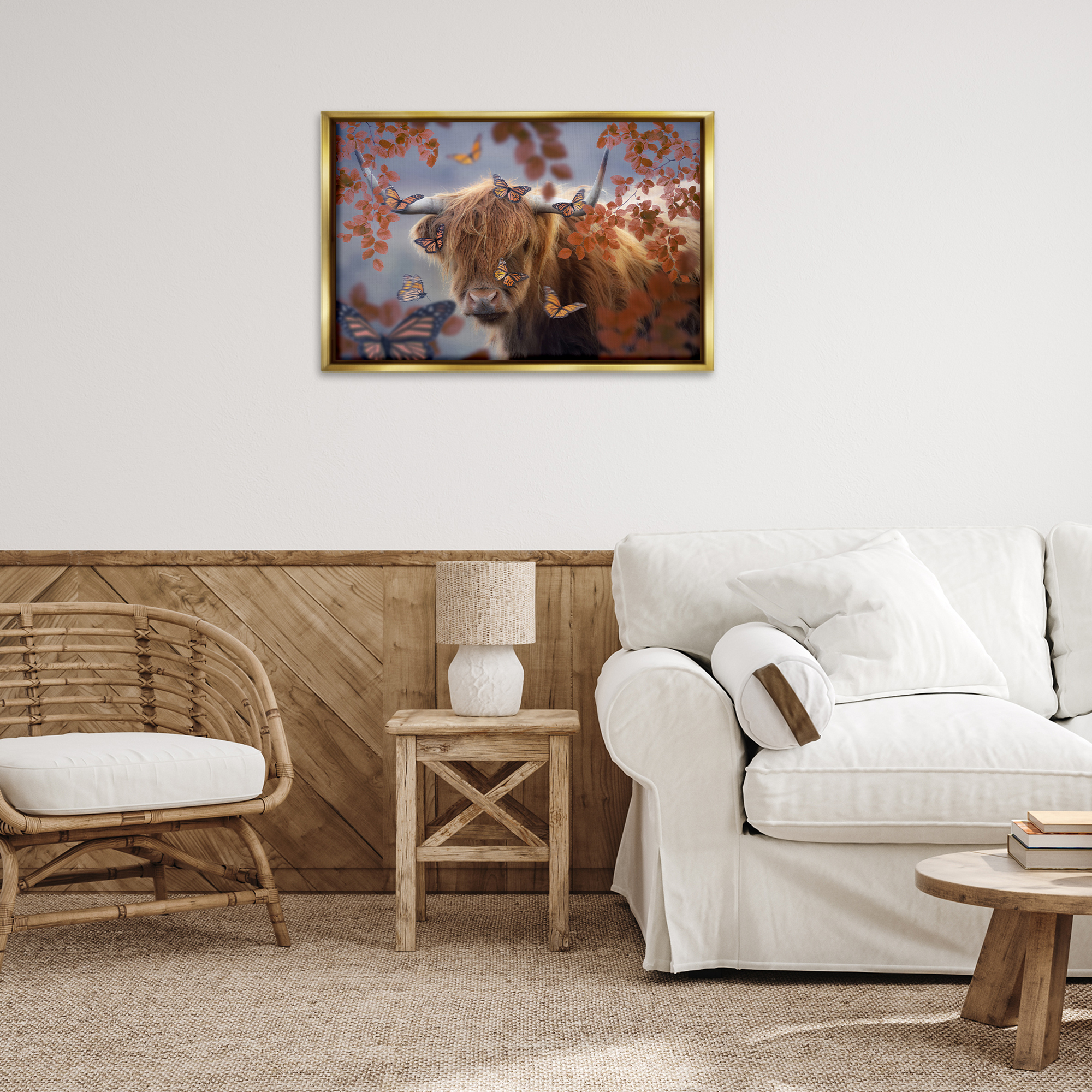 Stupell Industries Monarch Butterflies & Cattle Animals Painting Gold Floater Framed Canvas Art Print Wall Art, 31 x 21
