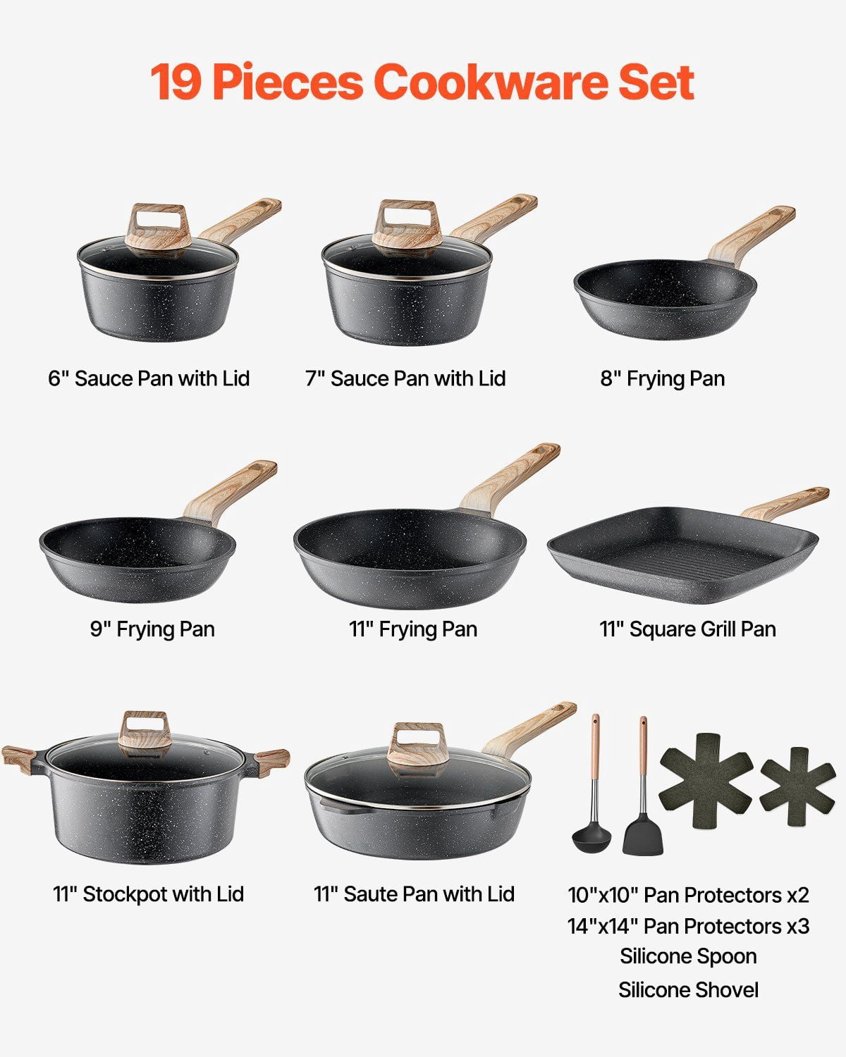 Black Granite Nonstick 19-Piece Cookware Set – Pots and Pans for Induction Stovetops with Ergonomic Handles