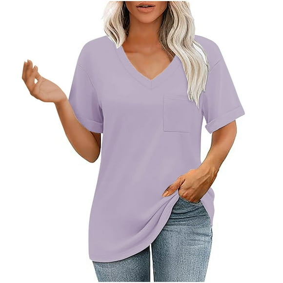 Womens Oversized Tshirts V Neck Tee Shirts Short Sleeve Loose Fitting T Shirt Casual Tunic Tops 2025 Button Short Sleeve Purple XL