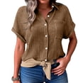 thumbnail image 2 of Womens Cotton Linen Gauze Shirts Loose Fit Button Down Blouses Casual Summer Textured Collared Crinkle Seersucker Tops Coffee XL, 2 of 7