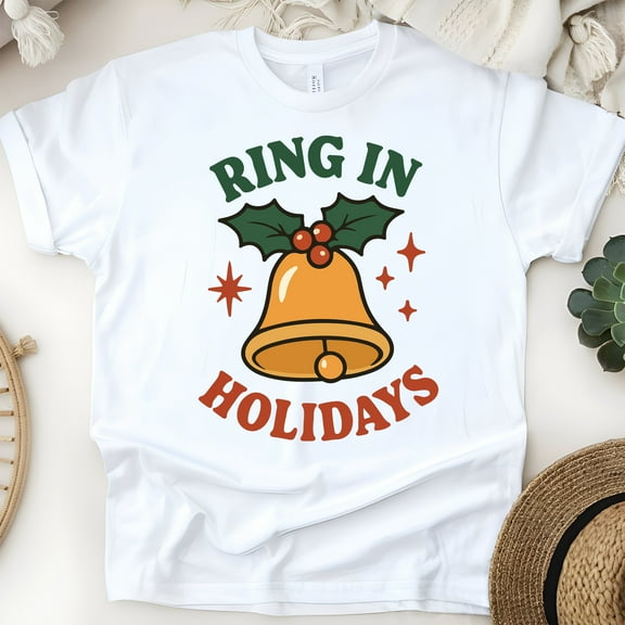 Ring in Holidays Shirt | Festive Bell Graphic Tee with Holly | Unisex Casual T-Shirt, White, Size S