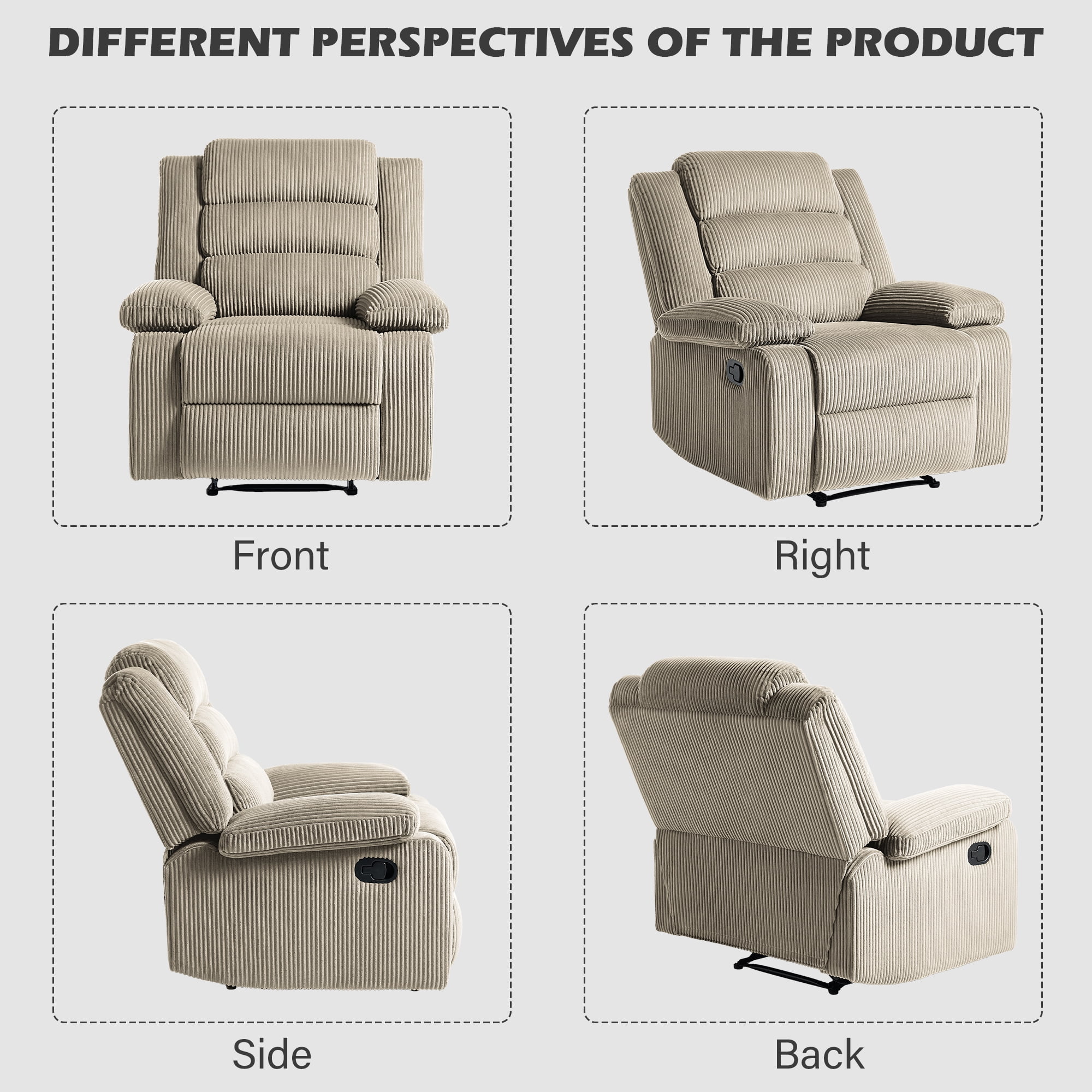 UIXE Manual Recliner Chair, Corduroy Reclining Sofa Chair with Overstuffed Armrests & Backrest for Living Room, Nursery Armchair Bedroom Reading Seat, Oatmeal