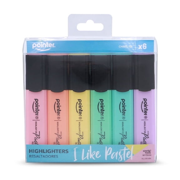 Pointer Pastel  Highlighters, Chisel Tip, Assorted Colors, 6 Count (1 pack), for School and Office