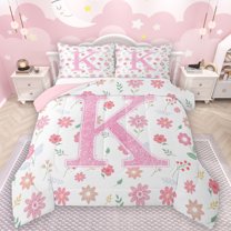 Manfei Initial Letter K Full Size Comforter Sets,Pink Sequin Print Bedding Comforter Set,Cute Flower Floral Bedding Sets For Girl Kids,Breathable Bedroom Decoration Reversible,3-Piece
