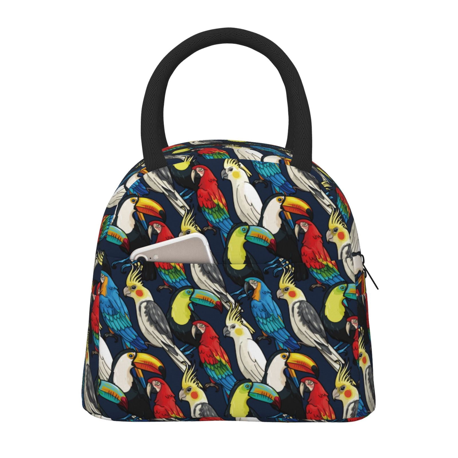 Horeoi Parrot Pattern Large Insulated Lunch Bag for Work, School, Picnic - Waterproof, Durable Oxford Cloth, Comfortable Handle-Black