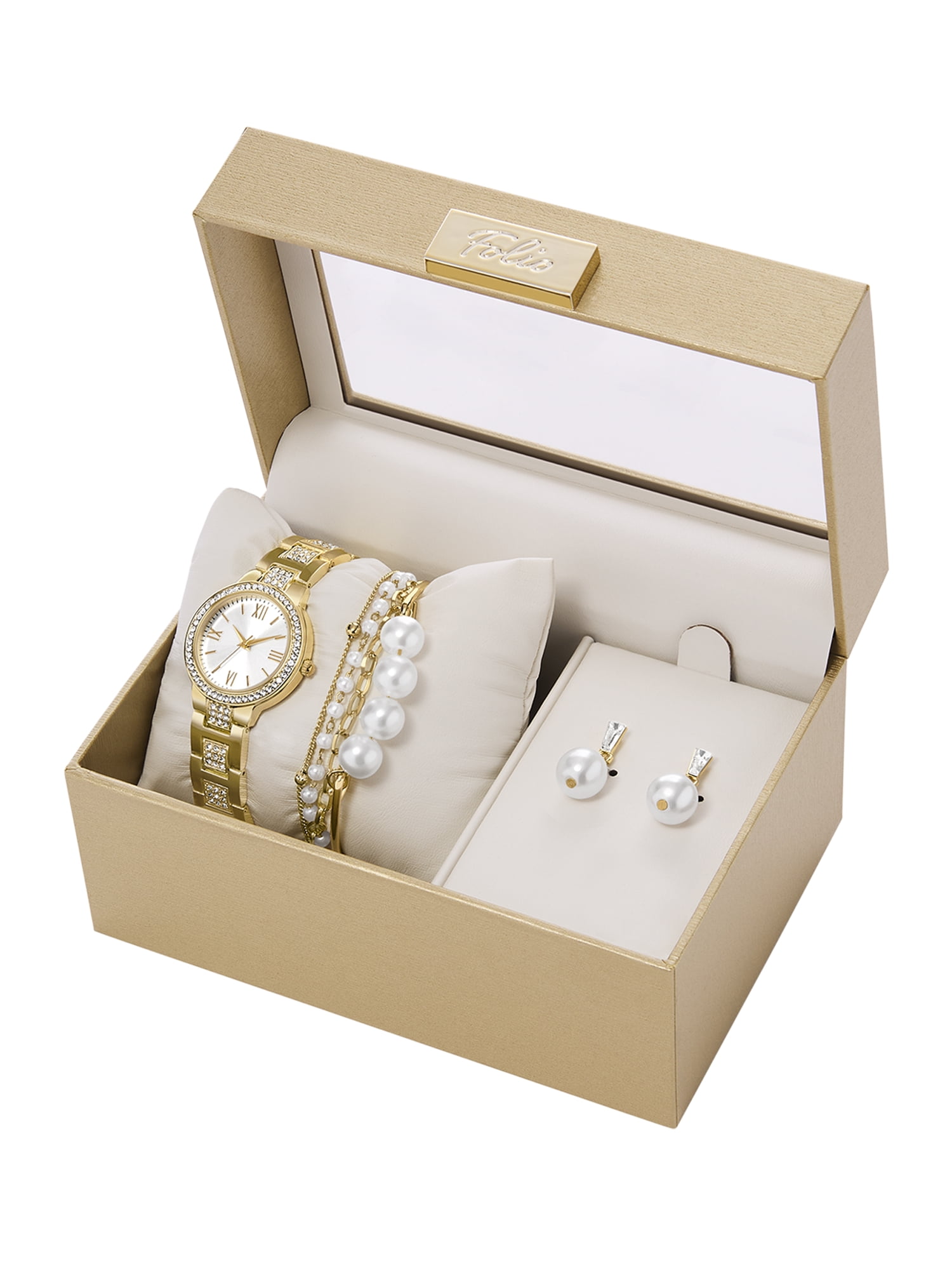 Folio Women's Gift Set; Gold Tone Bracelet Watch, Layered Faux Pearl Bracelets and Earrings (FMDAL1167)