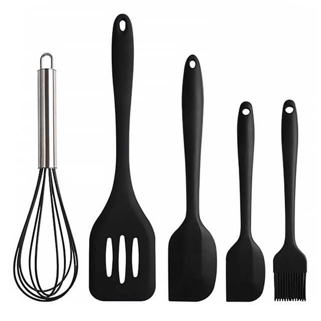 ziyahi Silicone 5pcs Kitchen Utensils Tools Cooking Set Oil Brush Egg Whisk Spatula Kitchen Accessories Cooking Non-Stick Small Spatula black