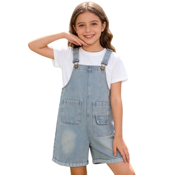 JLMSPLWG Teen Denim Jumpsuit Girl Vintage Jeans Overalls Teens Solid Color Work Outfits Kids Y2K Adjustable Bib Shorts Pant with Pockets Girl Clothes