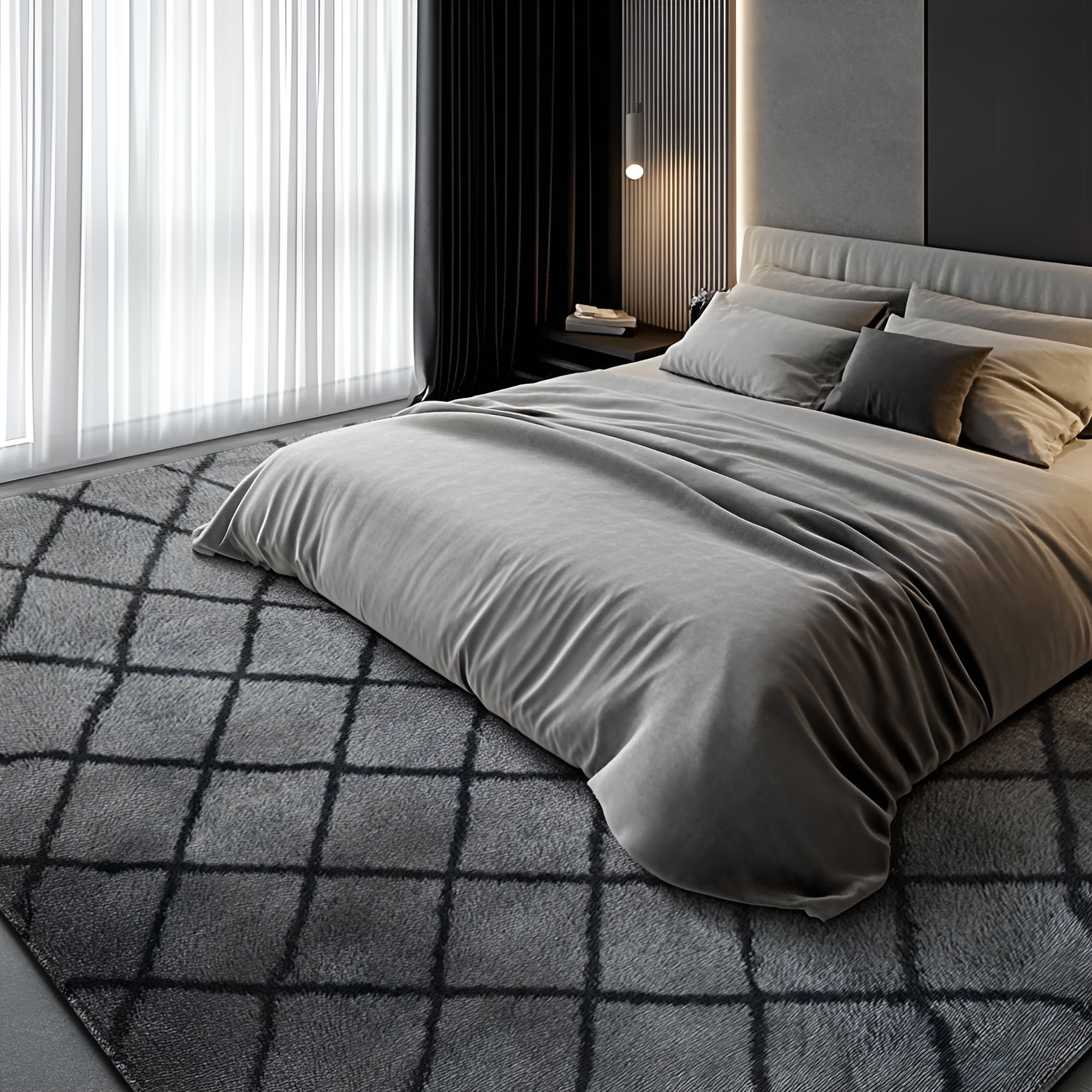 Pentantan Shag Area Rug, 5’ x 8’ Grid Soft Fluffy Indoor Rugs for Living Room Bedroom Carpet, Gray & Black