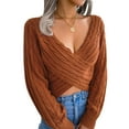 thumbnail image 1 of SuéTeres Para Mujer Jersey De Punto De Corte Bajo Con Cuello En V Cruzado De Color SóLido XBTCLXEBCO Marrón;L, 1 of 6