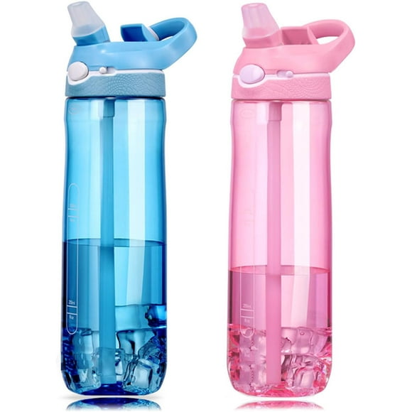 TRAHOO-2-Pack 24oz Light Blue & Pink Water Bottles Narrow Straw, Clear Bottle with Handle 100% Leakproof BPA FREE, Suit Office Sports School Travel Gym Home.
