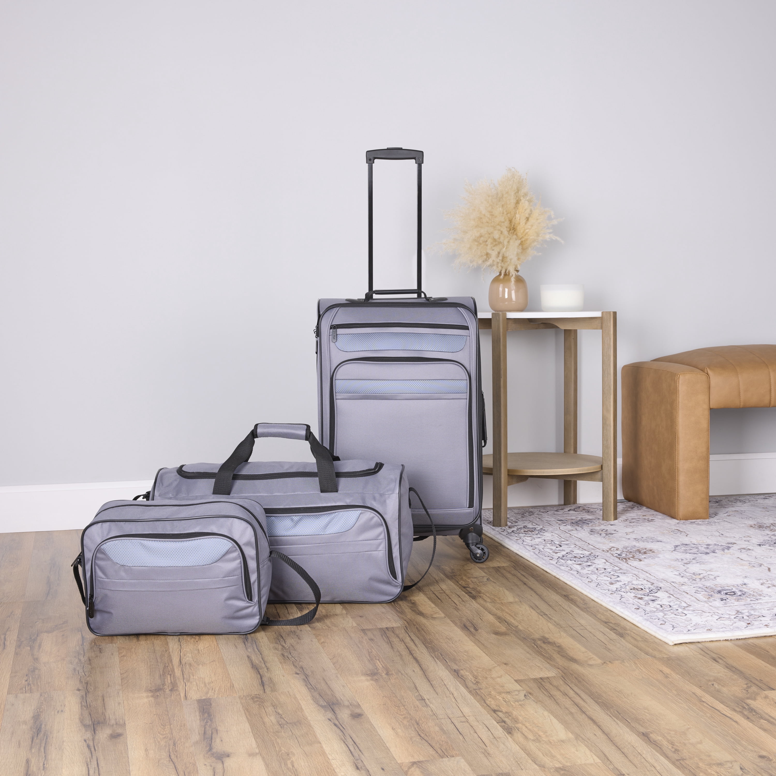 Protege 3-Piece Softside Luggage Travel Set, Includes Medium Checked Luggage, Carry On Duffel and Boarding Tote, Soothing Gray