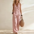 thumbnail image 2 of CIENVNSTG Two Piece Sets for Women Summer Sleeveless V-neck Cotton Linen Vest Waistcoat Casual Wide Leg Pants Suits Beach Vacation Pink S, 2 of 8