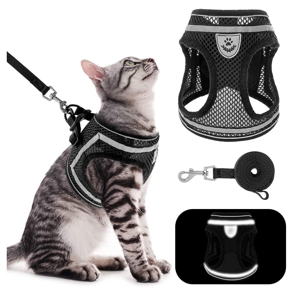 Black, S Cat Harness and Leash Set for Walking Outdoor，Escape Proof Soft Adjustable Kittens Vest Harnesses with Reflective Strip Breathable Jacket for Cats 