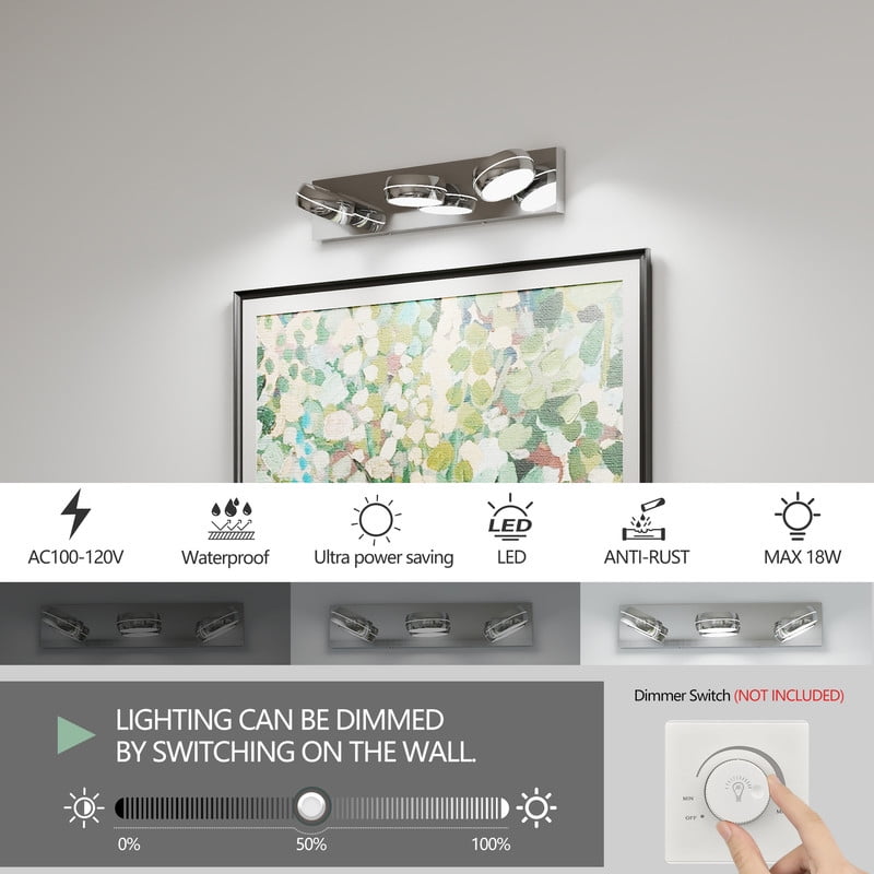 TICOZE 20 Inch 3-Light Modern Chrome LED Vanity Light Bar, 18W Energy-Efficient Bathroom Mirror Lighting Fixture with Cool White Illumination