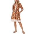 thumbnail image 4 of Vestidos florales para mujer INSPIRE CHIC con escote en V, manga 3/4, cintura con cordón, vestido bohemio casual de verano con bolsillos, talla L, color caramelo, 4 of 6