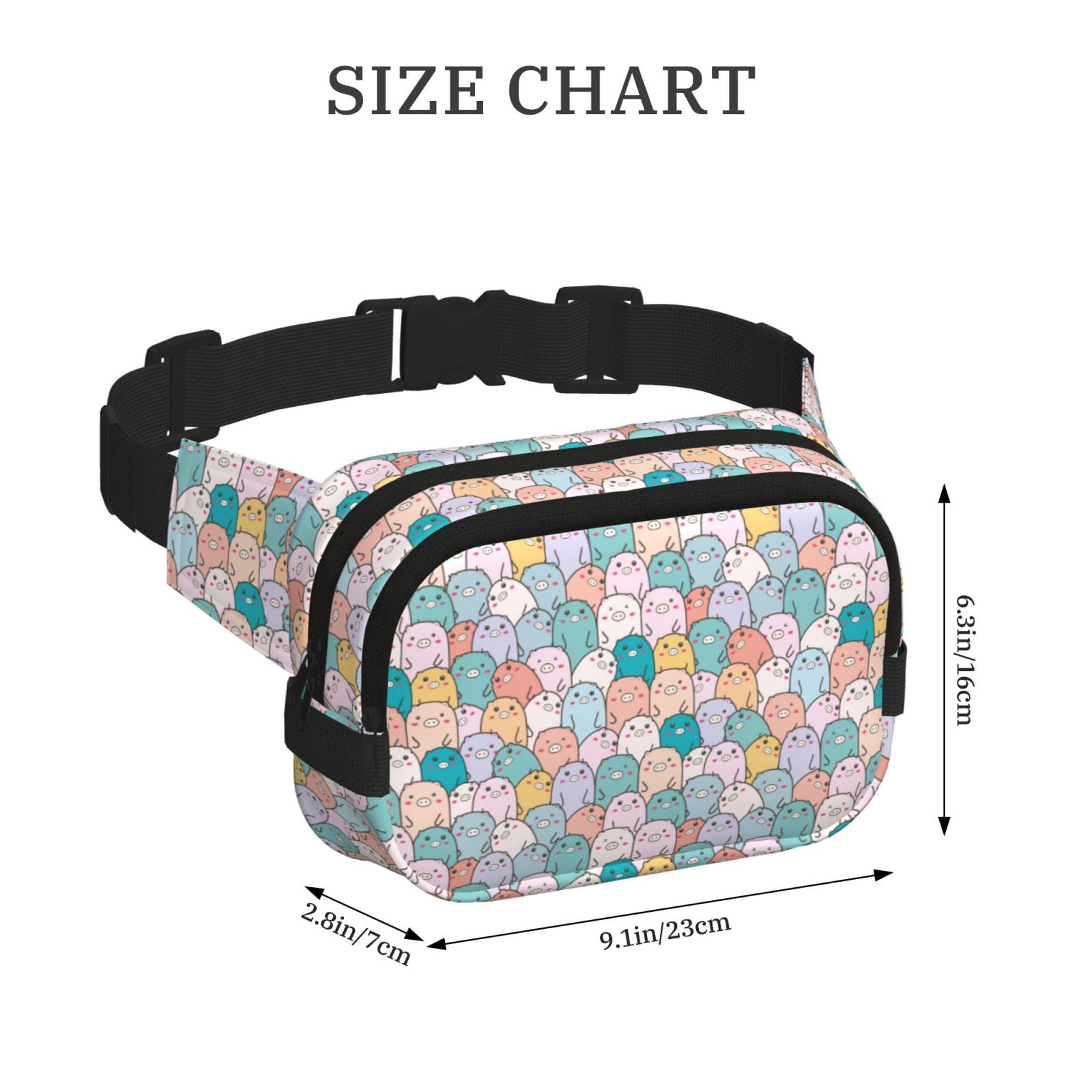 Picia Colorful Cute Pig Print Square Double-Layer Waist Bag Mini Adjustable Waist Belt Bag Exercise Running Travel Hiking