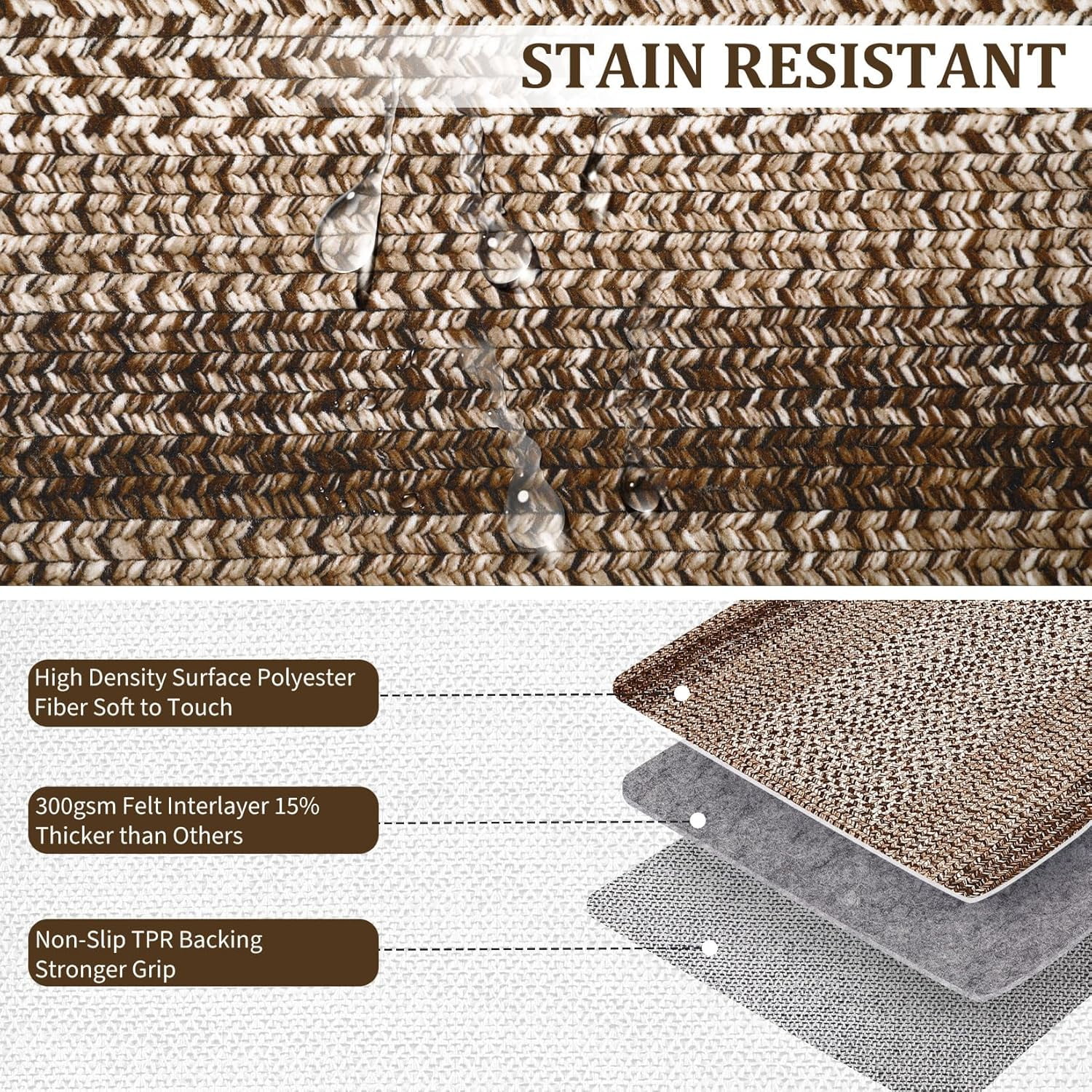 Runner Rug for Hallway Kitchen Runner Carpet 2x10, Machine Washable Long Runner Throw Mat, Non Slip Entryway Rug Stain Resistant Braided Printed Carpet for Bedroom Living Room, Brown