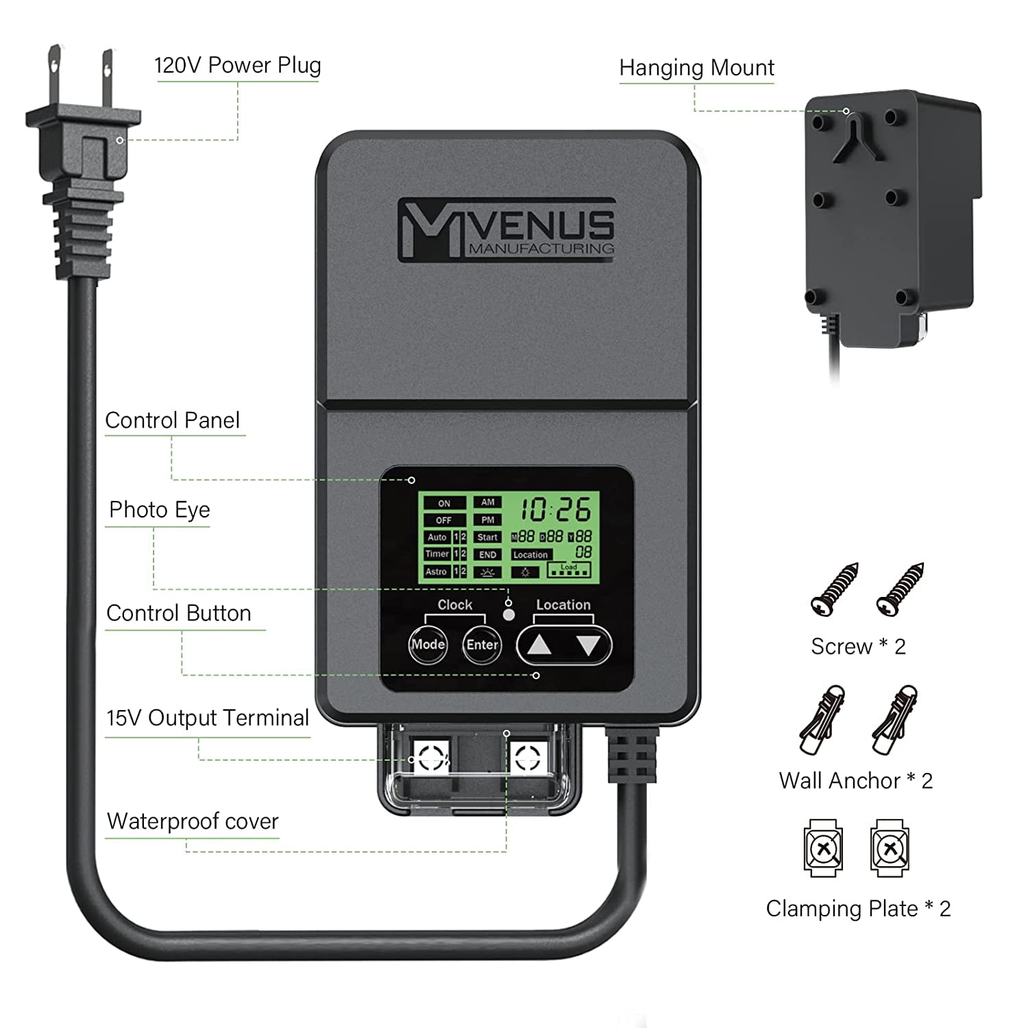 120W Outdoor Low Voltage Transformer with Timer and Photo Sensor, 120V AC to 15V AC Power Supply, Suitable for 12-15V Exterior Garden Landscape Lighting with ETL Listed