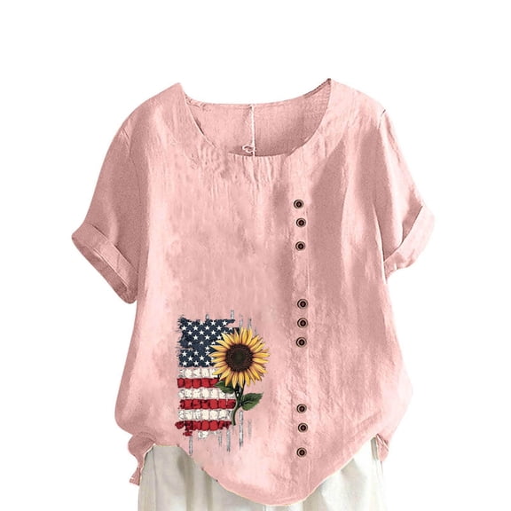 Sexlip Womens Short Sleeve Blouse Side Button Sunflower Flag Print Loose Sleeve Soft Fabric Relaxed Silhouette for Weekend Gatherings Pink M