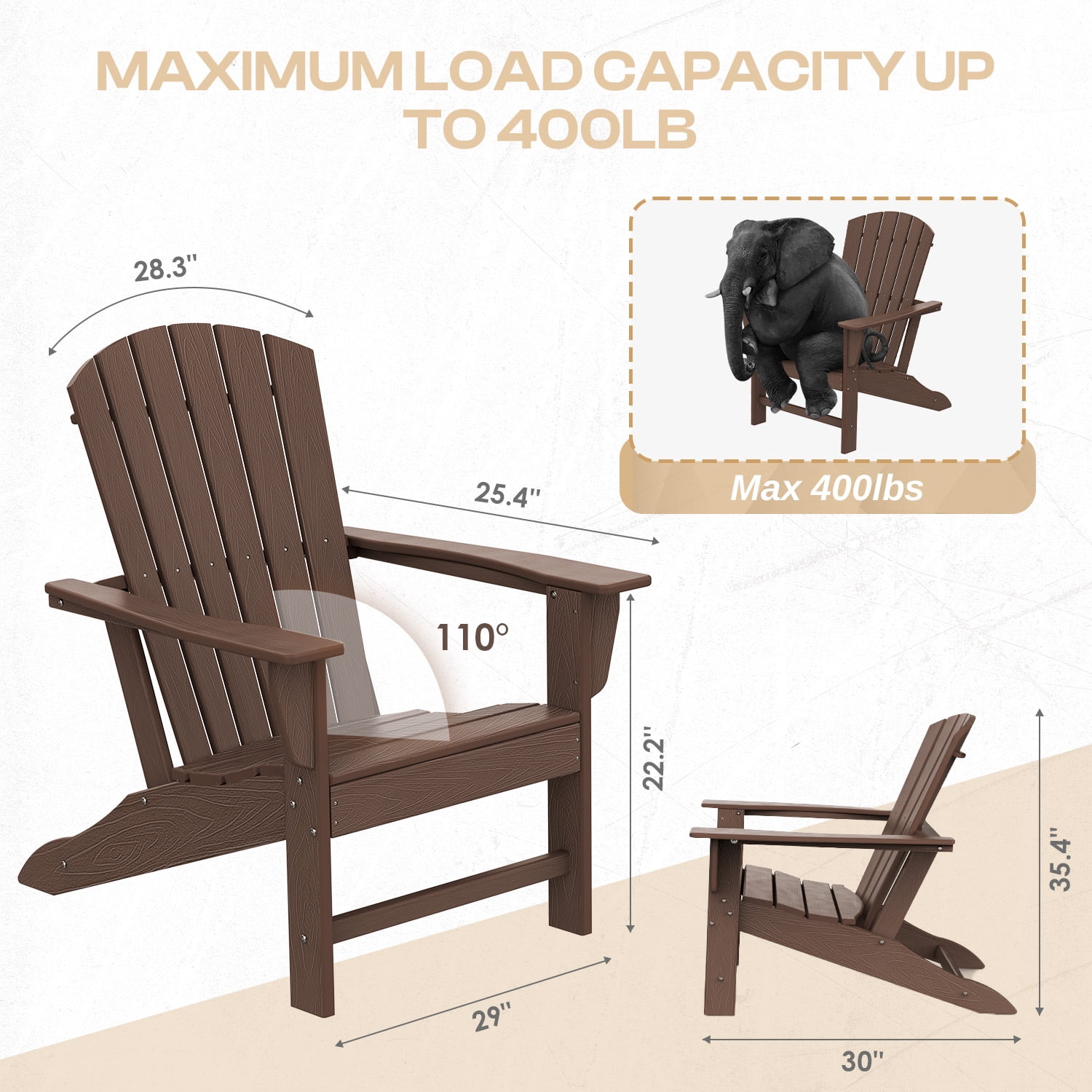 FURRYFECTION Adirondack Chairs Set of 2,HDPE All-Weather Adirondack Chair, Plastic Outdoor Patio Lawn Chairs for Patio Garden Backyard Deck,Brownwood