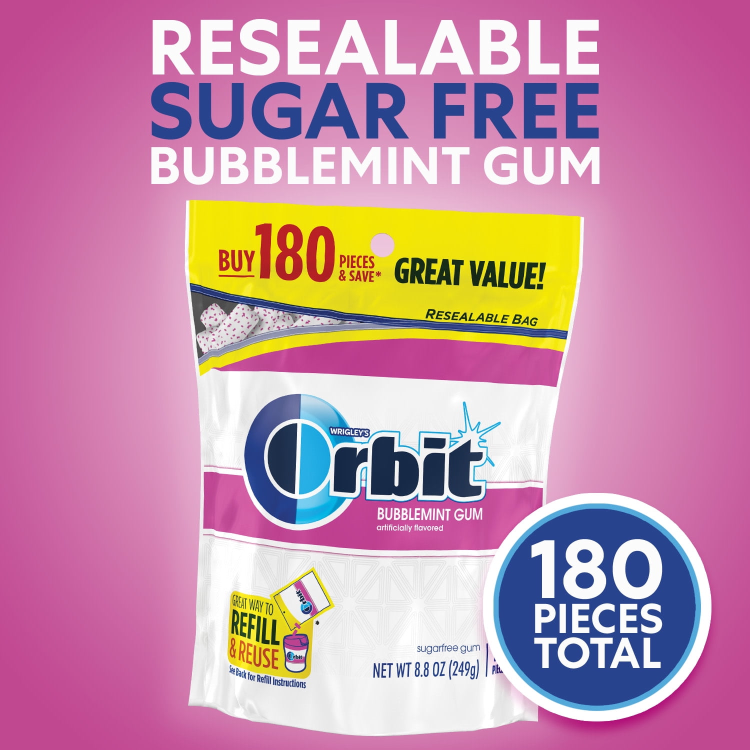 (4 pack) Orbit Bubblemint Sugar Free Chewing Gum, Value Pack - 180 Ct Bag