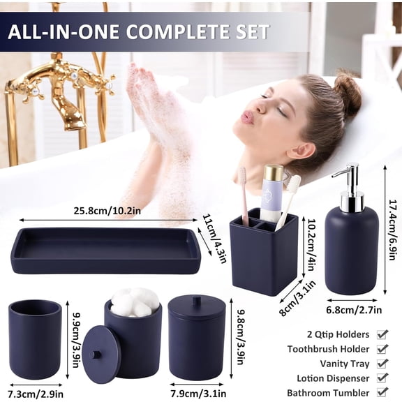 6-Piece Navy Blue Resin Bathroom Set - Toothbrush Holder, Soap Dispenser, 2 Qtip Holders & Vanity Tray