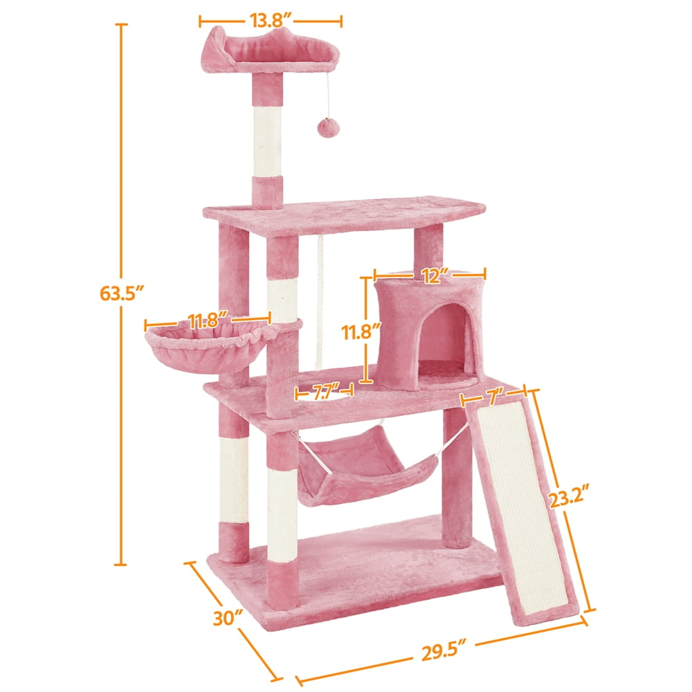 Yaheetech 63.5″ H Cat Tree with Basket Hammock Scratching Post for Indoor Cats, Pink