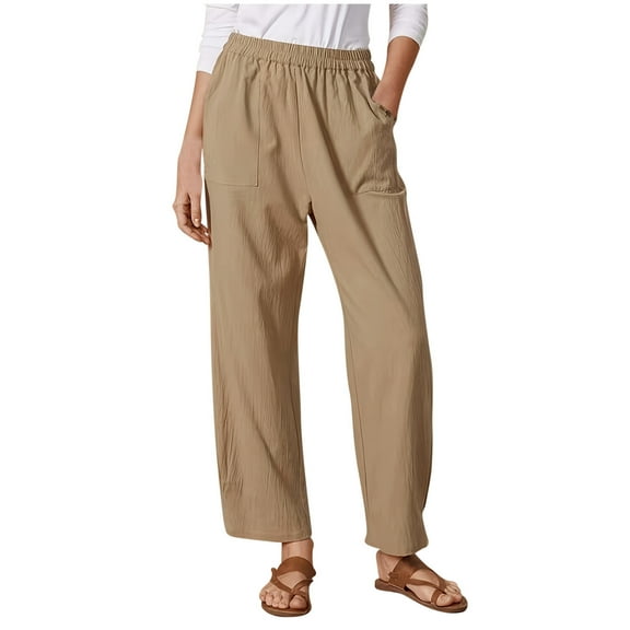 Efsteb Womens Loose Casual Wide Leg Pants with Pockets and Elastic Waist in Lightweight Polyester for Spring and Summer Khaki L