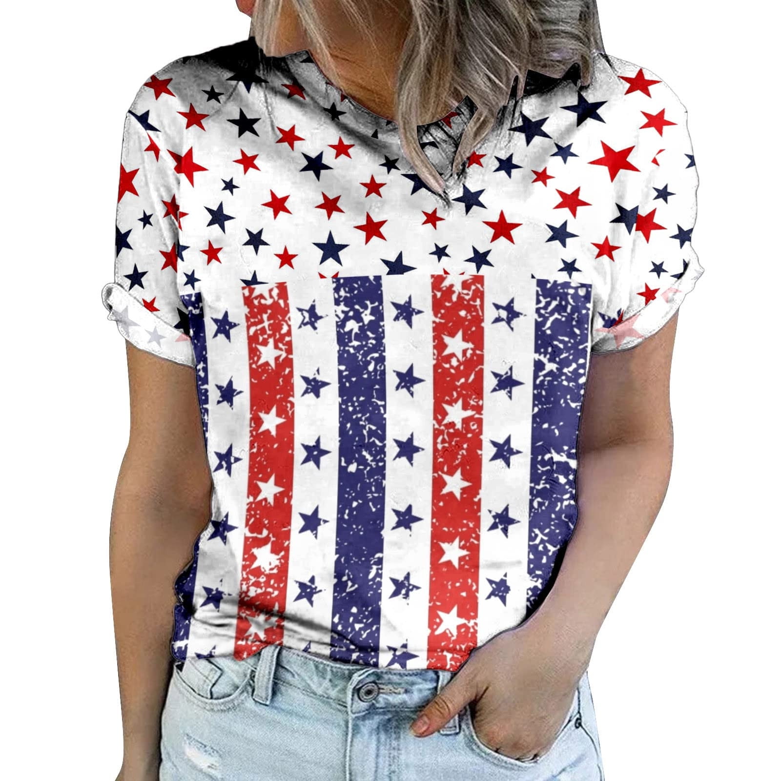 USSUMA Short Sleeve Women Tops Dressy Casual America Flag Patriotic ...