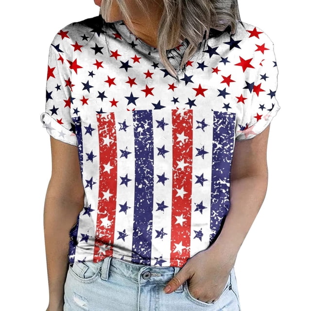 Pompotops T-Shirts d'Été pour Femmes Col Rond Imprimé Jour de l'Indépendance Blouse Décontractée à Manches Courtes