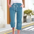 thumbnail image 2 of lcziwo Women's High Waist Drawstring Linen Capris, Blue, Plus Size, 2 of 4