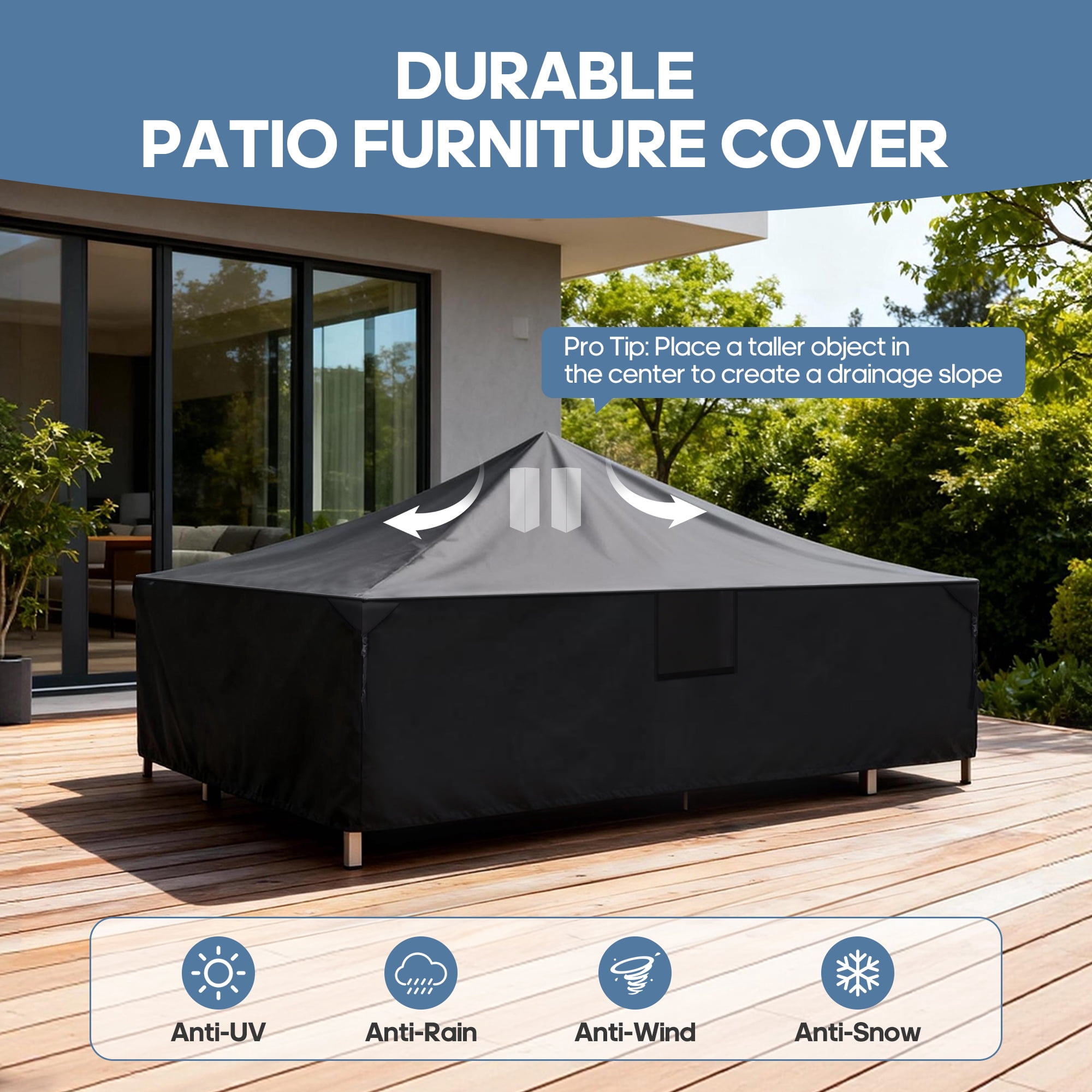 SHOUFTW Rectangular Patio Furniture Cover, 600D Waterproof Outdoor Dining Table & Chair Cover, Heavy Duty, Black