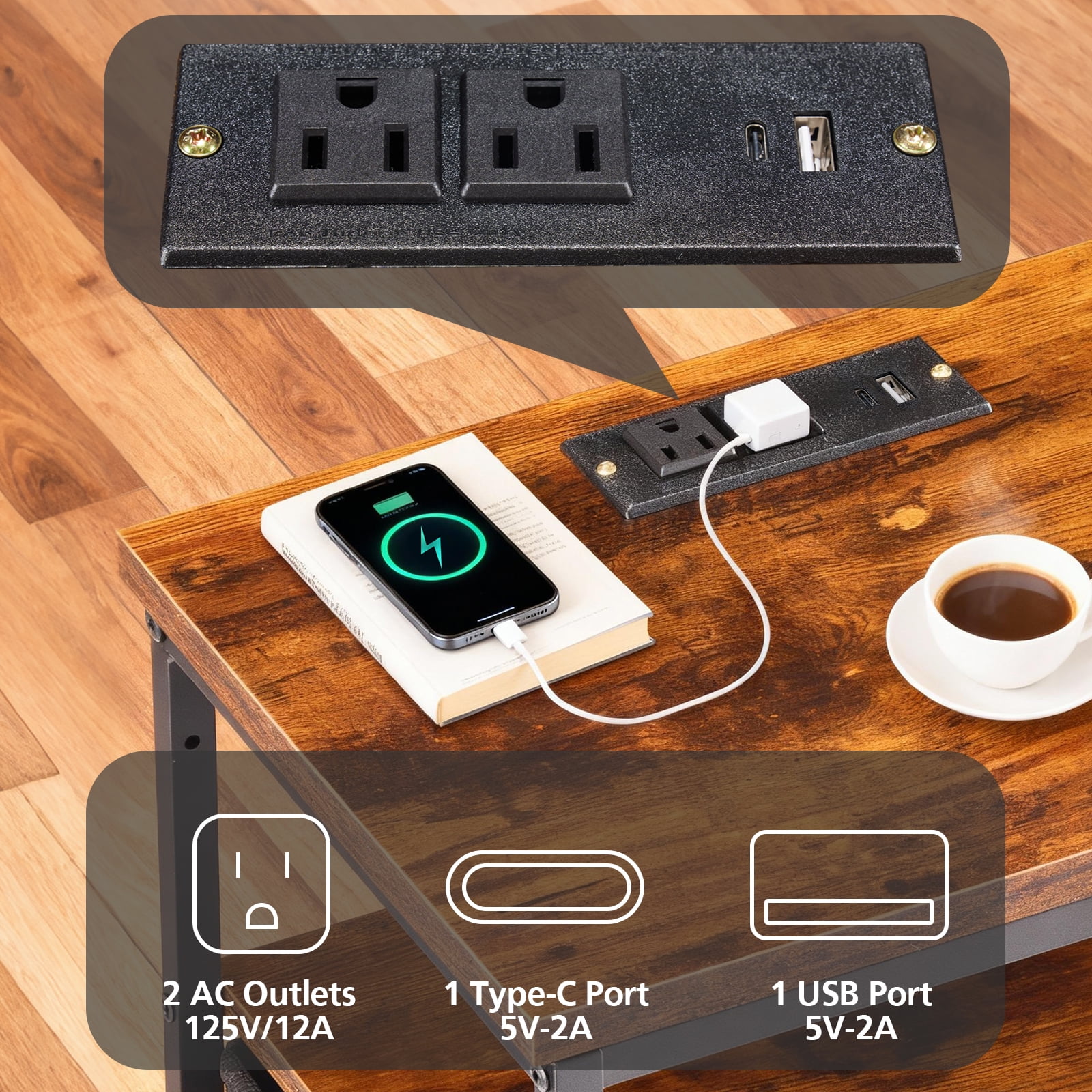 Smart Nightstand with LED Lights & Charging Station | Remote App Control Bedside Table | 2 AC Outlets, USB-C Port, 5 Drawer Storage | Modern End Table for Bedroom, Rust