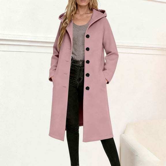 Yteetum Trench Coat Women Single Breasted Notched Lapel Collar Pea Coats Outwear Womens Casual Solid Turndown Collar Long Sleeved Button Hooded Coat Woolen Wool Blend Jacket Fall Winter Clothes